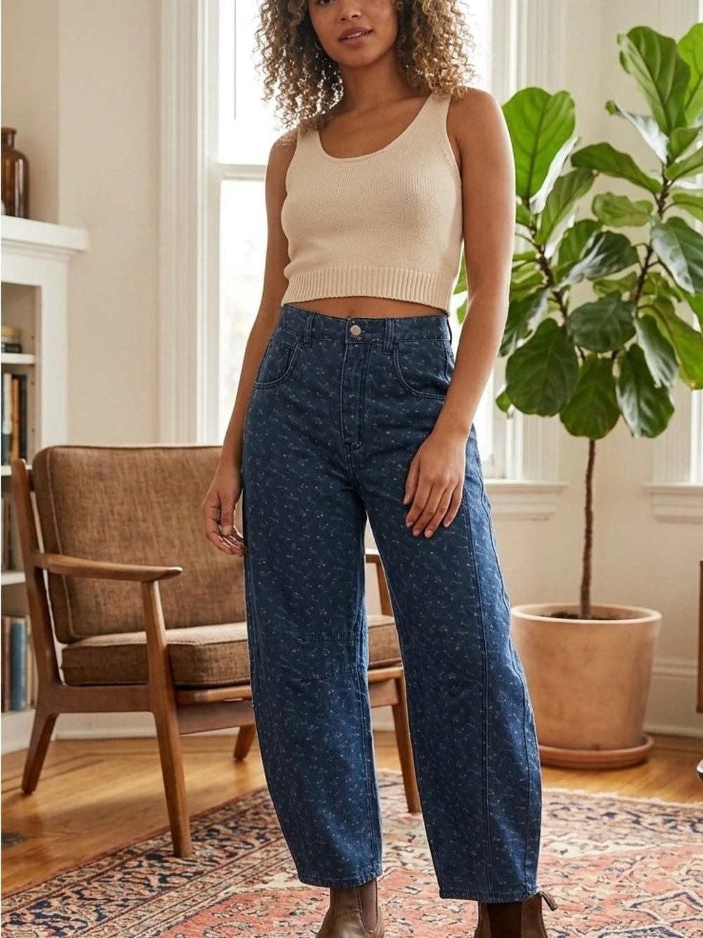 Easel Floral Print High-Rise Barrel Jeans | NWT Size Medium